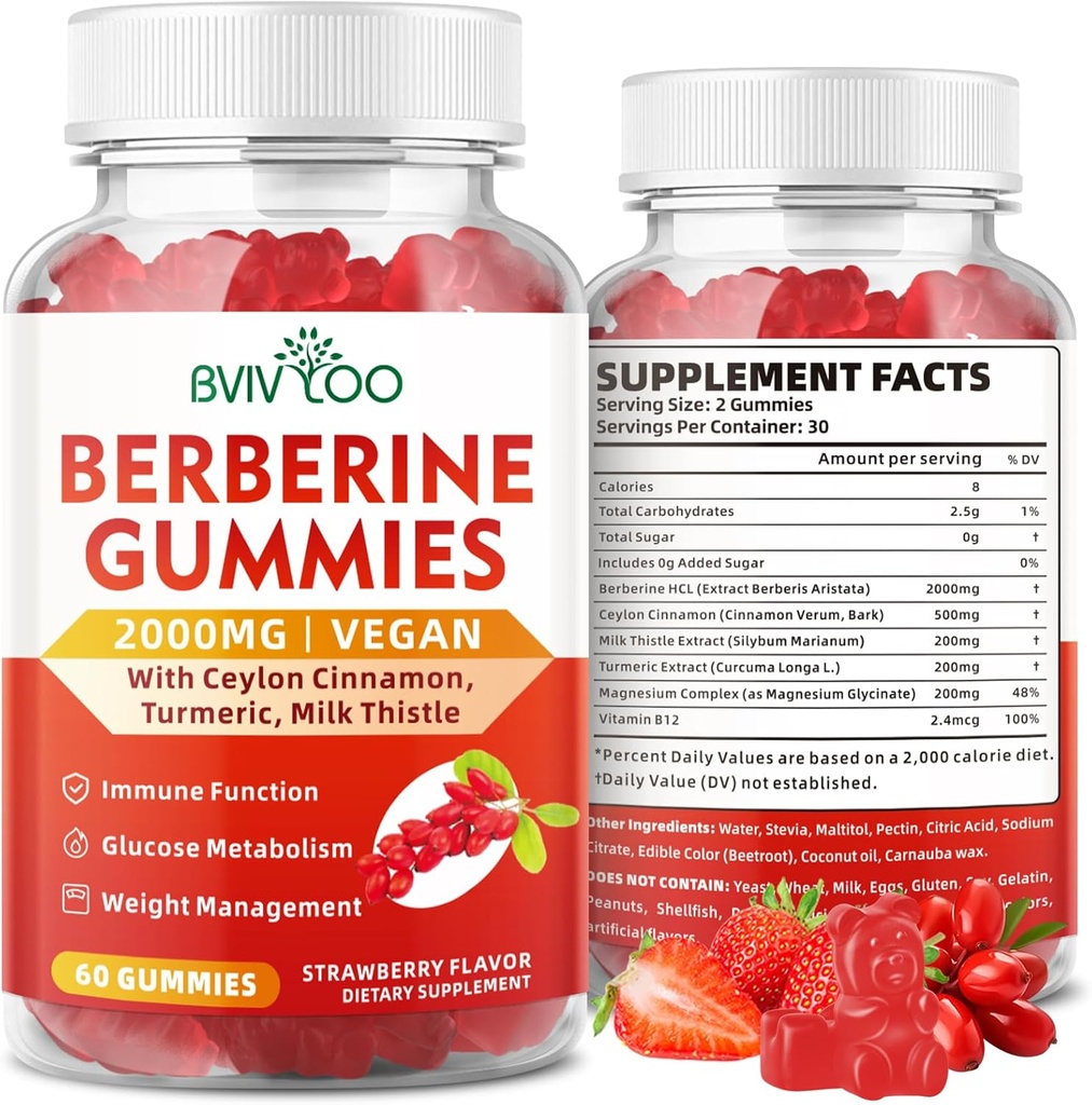 Berberine Gummies, Suhkruvaba 2000mg kõrge potentsi Berberine HCI täiendus, pluss Ceylon Cinnamon, piimaohakas naistele ja meestele, immuunsüsteemi ja ainevahetuse tugi - 60 kummikuid