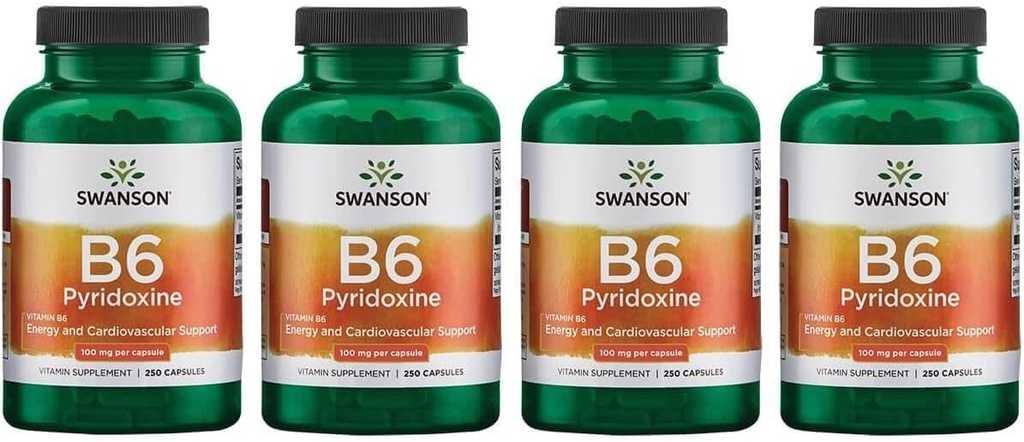 Swanson B6 püridoksiin - vitamiinilisand, mis edendab südame-veresoonkonna tervist ja energia ainevahetust - looduslik valem, mis soodustab üldist heaolu - (250 kapslit, 100 mg iga) (4 pakendit)