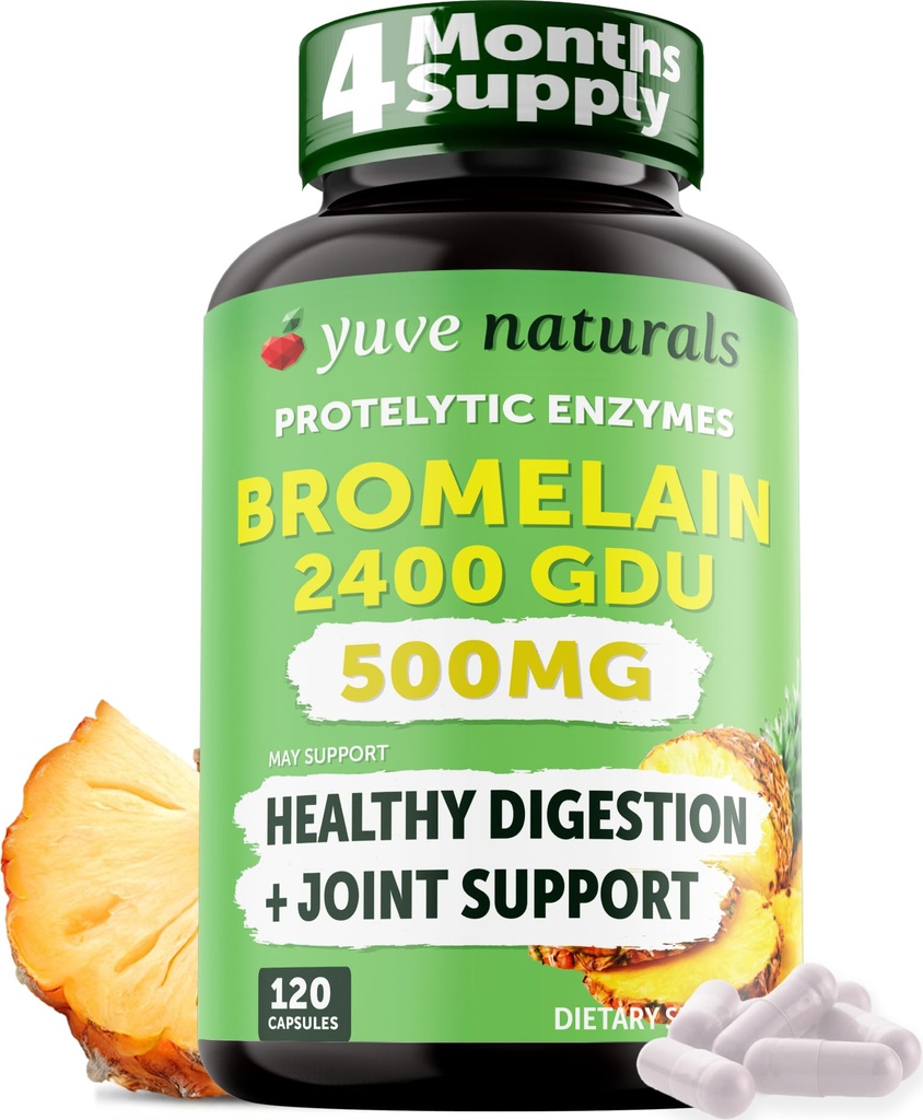 Yuve High Potency Bromelain 500mg 2400GDU Seedeensüümid - Soolestiku ja liigeste tervis ananassist - Aitab Seedida Valke - Taimepõhine, Mitte-GMO, 3. partei Testitud - 120 kapslit