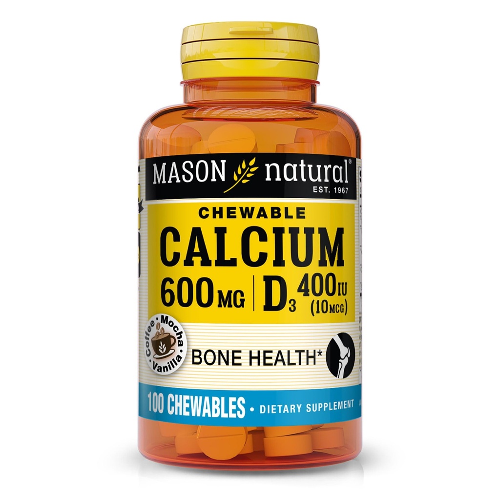 MASON LOODUSLIK Kaltsium 600 mg koos D3-vitamiiniga, 100 päeva pakkumine, tervislike luude ja normaalse lihasfunktsiooni toetamine, kohvi Mocha maitse, 100 närimistabletti