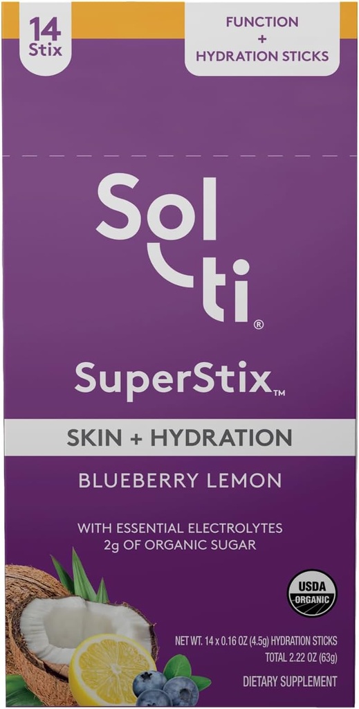 Sol-ti Organic Electrolyte Skin + Hydration Drink Mix, Superfood Hydration Sticks, SuperStix, Non-GMO, Vegan, Blueberry Sidrun, 14 Single-Serving Sticks