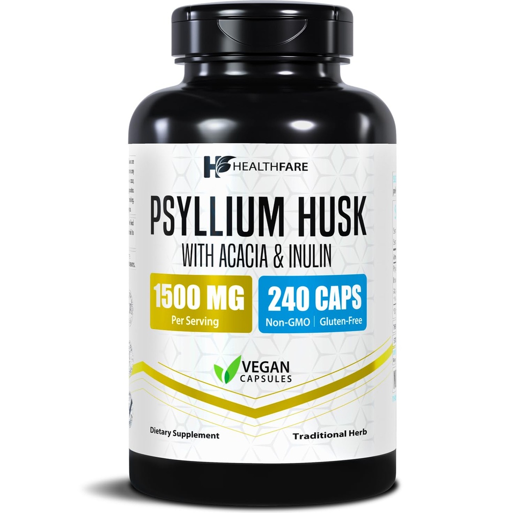 Tervishoid Psyllium Husk Fiber 1500mg | 240 Vegan Kapslid | Extra Tugevus Fiber Supplement | Toetab Seedetrakti Tervis | Mitte-GMO, Gluteenivaba | Valmistatud USAs