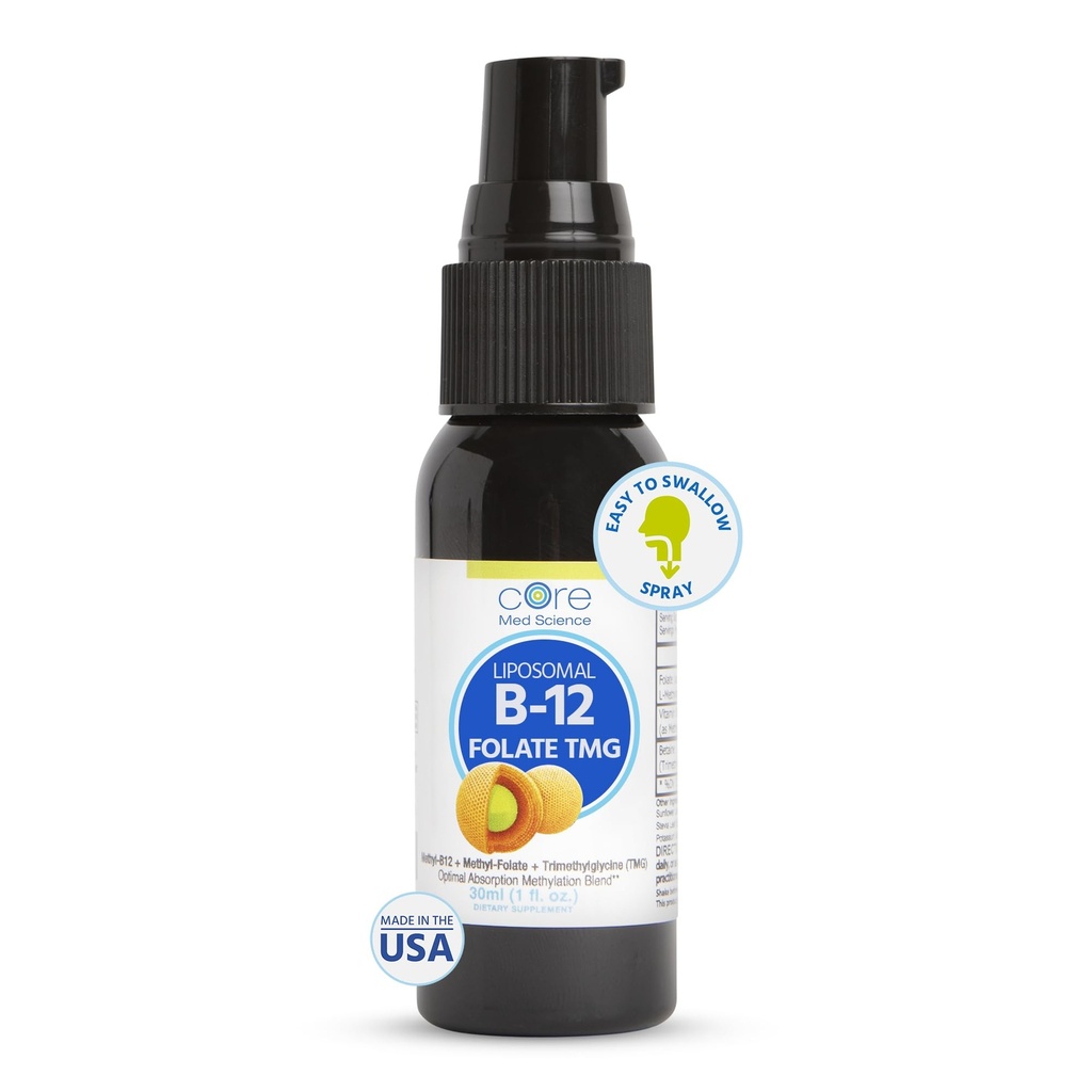 Põhiline Med Science Liposomal B12 Folaat TMG Vedel pihustuspreparaat naistele ja meestele - toetab meeleolu, kognitiivset ja südame tervist - Vitamiin B9 & Betaiin homotsüsteiini taseme ja metüülimise tsükli jaoks, 1 Fl Oz