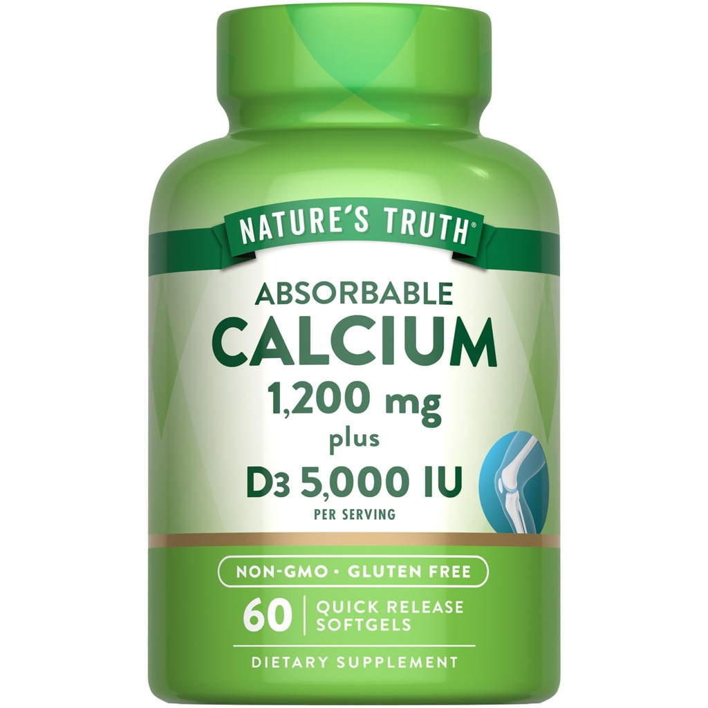 Looduse tõde Kaltsium 1200mg vitamiin D3 5000 RÜ | 60 Softgels | kaltsiumkarbonaat | Mitte-GMO ja gluteenivaba toidulisand