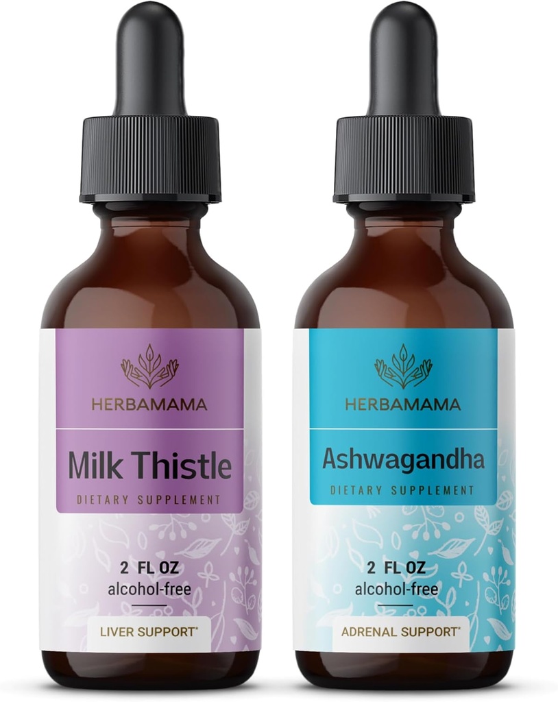 HERBAMAMA taimse vedeliku tilgad Kit - piimaohaka ekstrakti ja Ashwagandha juure tinktuur 2 fl oz - Vegan, GMO-vaba, suhkur ja alkoholivaba - 2 Pack