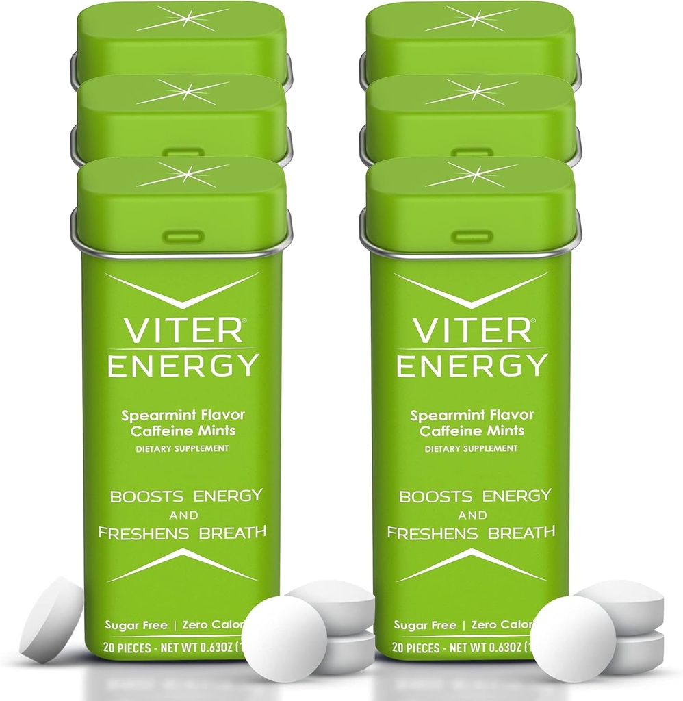 Viter Energy 40mg Kofeiini Rahapajad - Suhkruvaba, B-vitamiinid, Vegan, Suurendab Kiiret Energiat, Hoiatus Fookust, Kofeiinitud Nootroopsed Täiendavad Pillid (Spearmint Maitse, 20 tk, 6 pakendit, 120 tk Kokku)