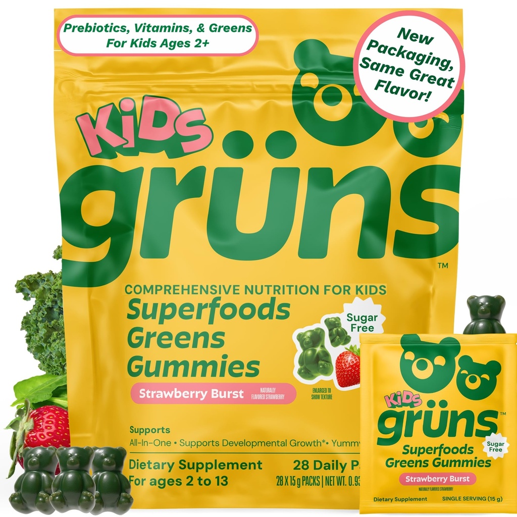 Gruns Multivitamiin lastele, Super Greens Gummies, Superfood Gummy Bears 20+ vitamiinide ja mineraalidega, Spirulina, Chlorella, Prebiootikumid Kiud Seedetrakti Tervis, Adaptogeenide täiendus, 28 päeva pakkumine