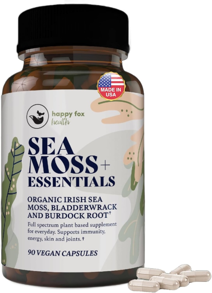 HAPPY FOX Irish Sea Moss Capsules with Burdock Root & Bladderwrack - Alternative to Seamoss Gummies or Powder, 90 Vegan Capsules, Made in USA