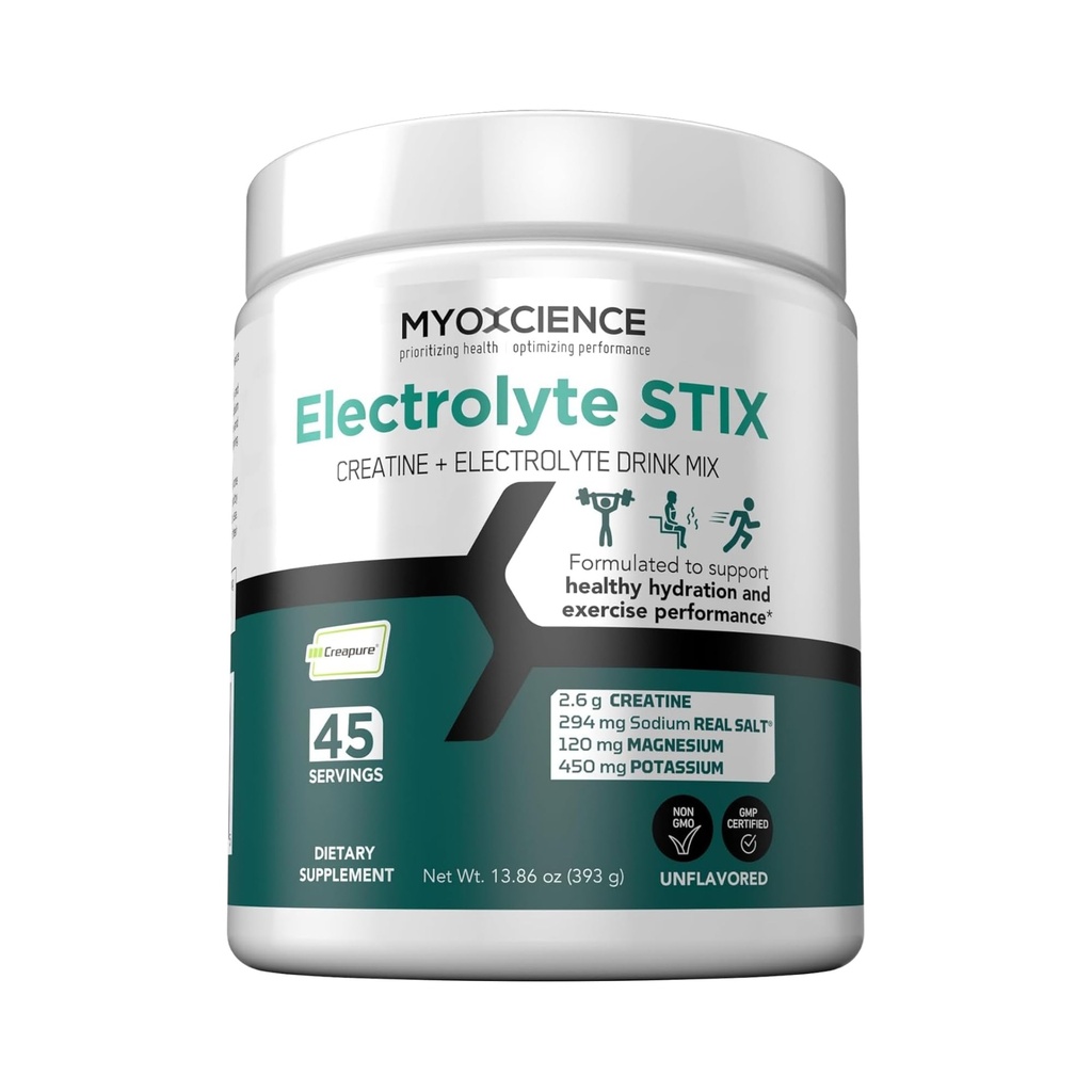 MYOXCIENCE Electrolyte STIX | Creatine Electrolyte Powder | Recovery from Exercise & Muscle Development w/Real Salt (Unflavored) (45 Serving Jar)