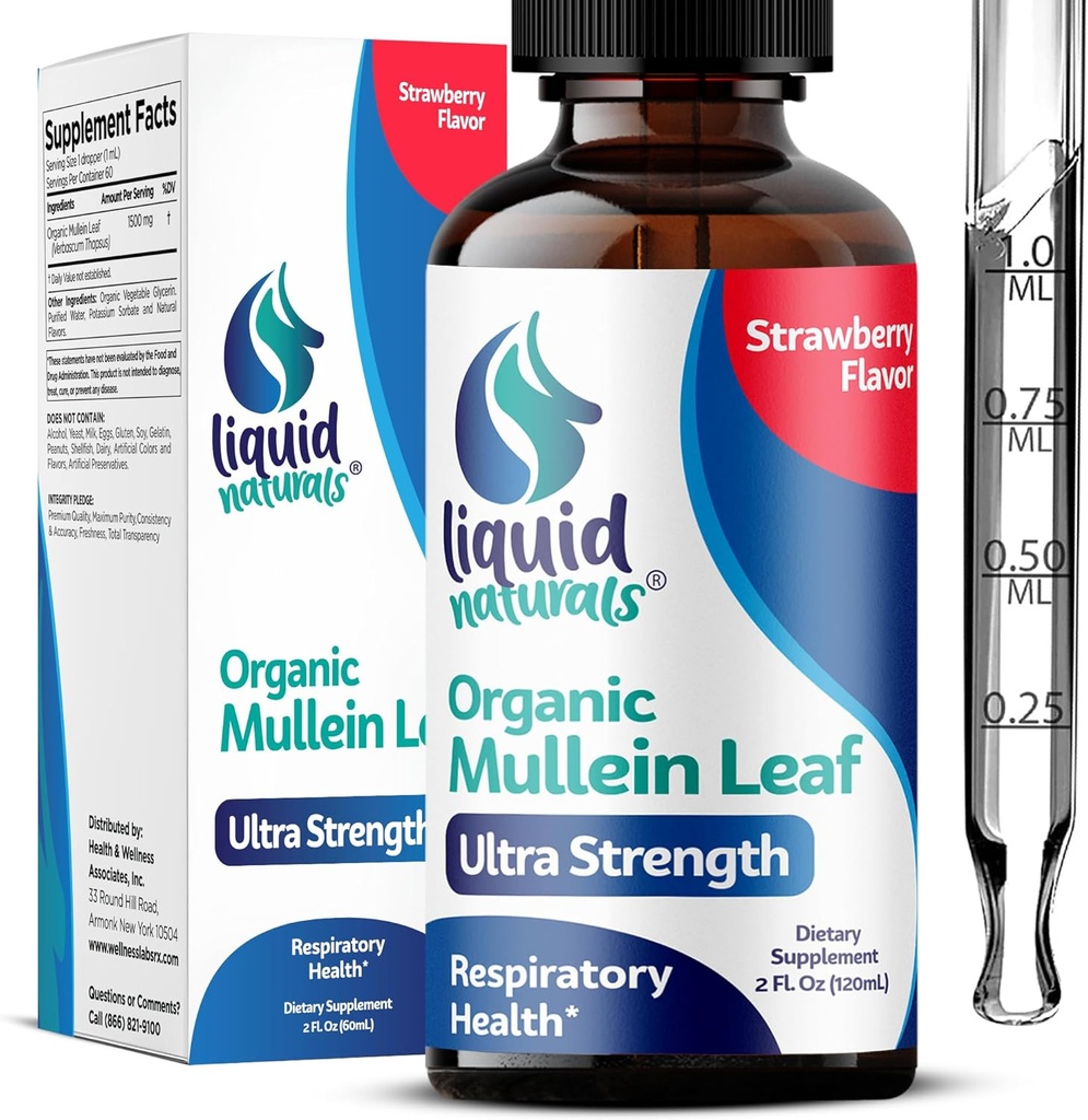 Mullein tilgad kopsudele, 2 Fl. Oz, Mullein Leaf Ekstrakt kopsudele maasikamaitse, Mullien Lung Detox ja puhastamine, Mullen Tinktuur Tugi tervislikule hingamisele