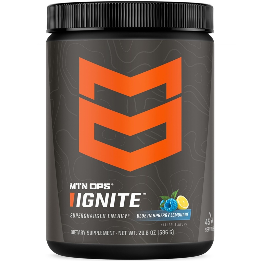 MTN OPS Ignite Energy Drink Powder, Gluten Free Nootropic Supplement Drink Mix, L Arginine, L Citrulline, Kofeiin ja Nootropic Sugar Free Drink Mix, 45 Servings, Blue Vaarika Lemonade