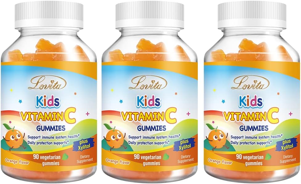 Lovita Vegan C-vitamiini kummikud lastele, hea maitsega taimepõhine valem, immuunfunktsiooni tugi C-vitamiiniga 150mg päevases serveerimises ja ksülitool, looduslik oranž maitsestatud, 90 Gummies (3. pakk)