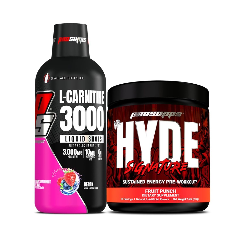PROSUPPS L-karnitiin 3000 Stimulant Free Vedel Shots (Berry) ja Mr. Hyde Signature Series Pre-Workout Energy Powdered Drink (Fruit Punch) Bundle