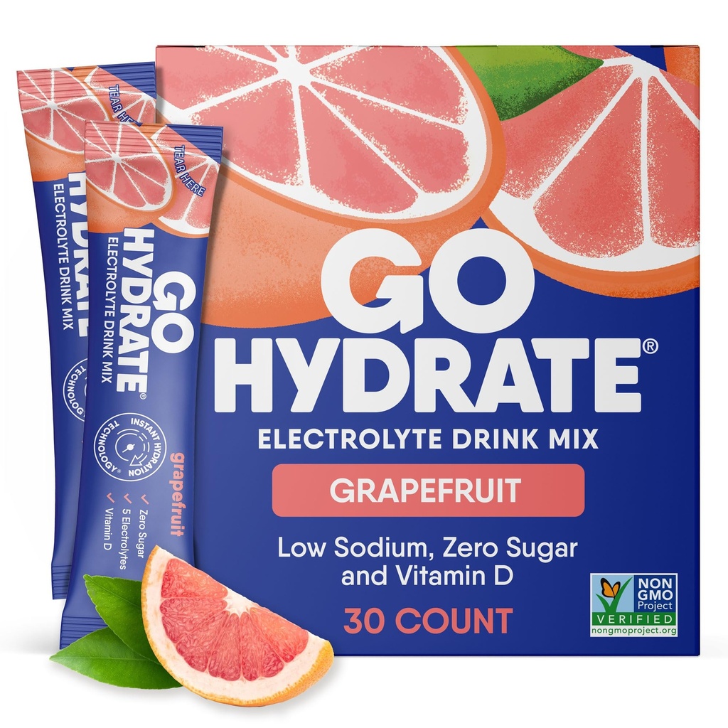 GoHydrate Madal naatriumelektrolüüdid Pulberpakendid Suhkruvaba - Kiirhüdraat Päevane Joogisegu - Nullsuhkur Vesi Maitsepakett D-vitamiiniga - (Grapefruit, 30 pakki)