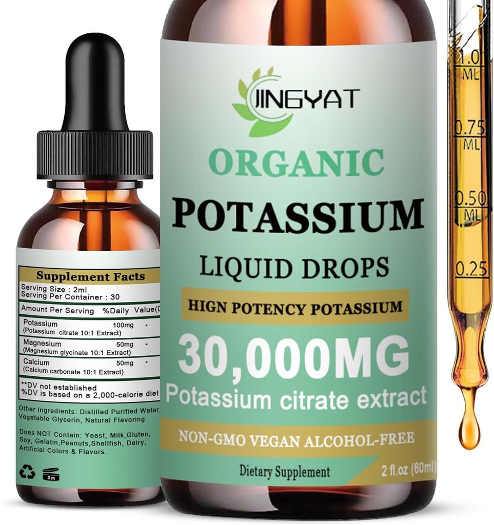 Kaalium Magneesium Vedel tilgad - Orgaaniline Vedelik Täiendus - Suure imendumisega Kaaliumtsitraat 1000mg Magneesiumglütsinaat 500mg Kaltsium Südamele, Leg Kramps & Lihased - Non-GMO, Vegan, 2 oz