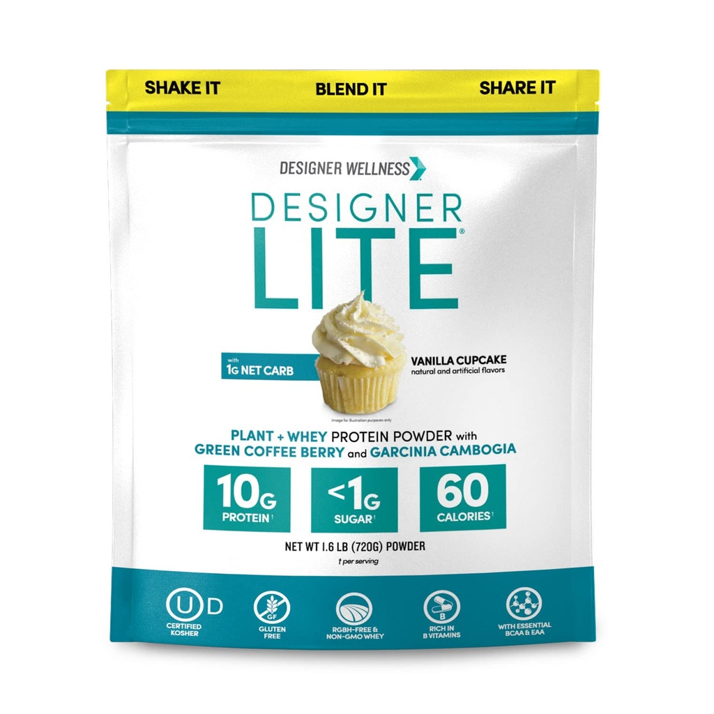Disaineri heaolu, disainer Lite, madala kalorsusega looduslik valk, prebiootiline kiud, võtmevitamiinid ja mineraalid, Vanilla Cupcake, 25,6 Ounces