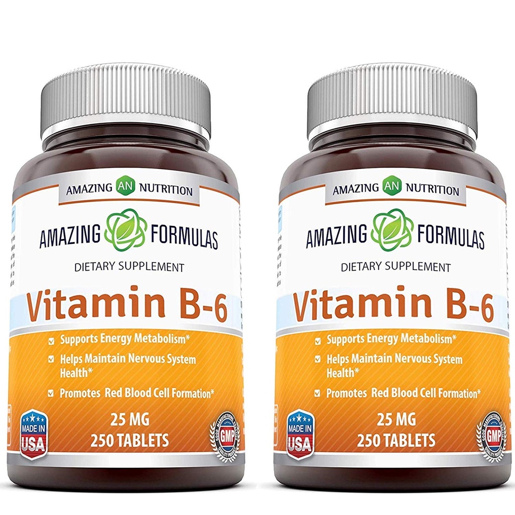 Hämmastav valem Vitamiin B6 Püridoksiin 25mg 250 tabletti Täiendus | Mitte-GMO | Gluteenivaba | Valmistatud USAs (2 Pack)