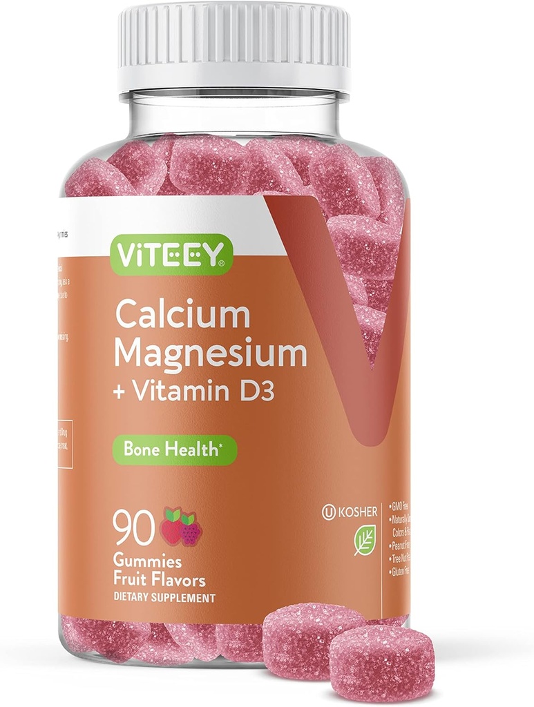 Viteey Calcium Gummies vitamiin D3 ja magneesiumi täiendus luude tervisele - närimistable kaltsiumilisandid naistele ja meestele - gluteenivaba, mitte-GMO - 90 loend