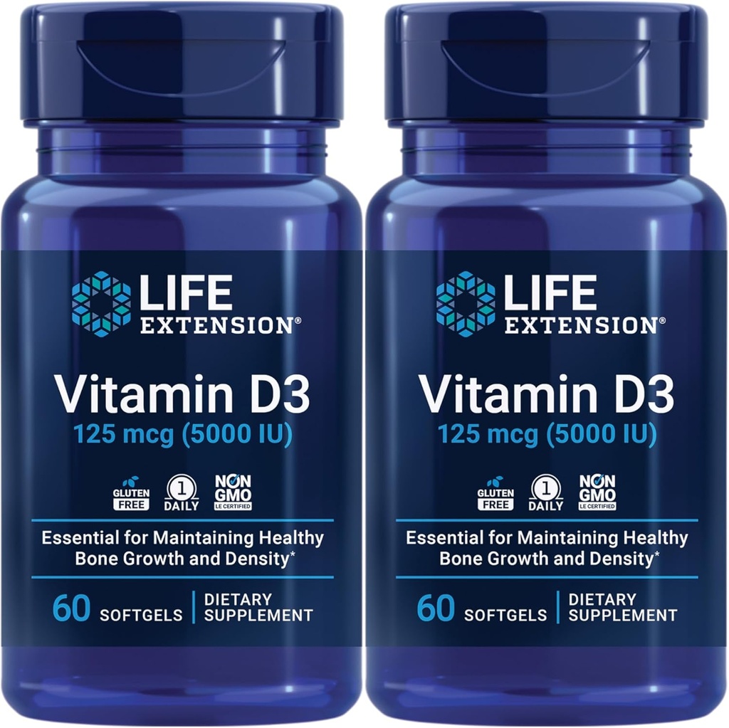 Elu pikendamine Vitamiin D3 125 Mcg (5000 Iu) - edendab luude tervist, aju tervist ja immuunsüsteemi funktsiooni - mitte-GMO - gluteenivaba - kaks pakendit - 2 x 60 Softgels