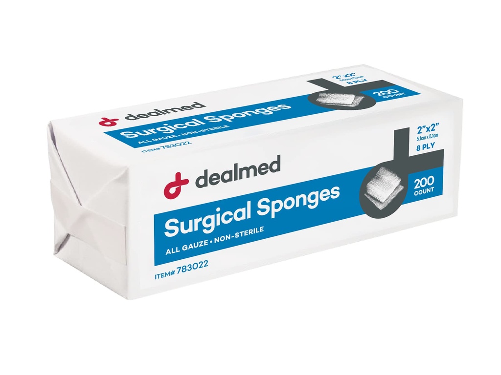 Dealmed 2" x 2" Kirurgilised käsnad, 8-Ply, mitte-naha absorbeerivad Gauze käsnad haavahoolduseks, esmaabikomplektid ja meditsiinilised rajatised, 200 loend (pakk 1)