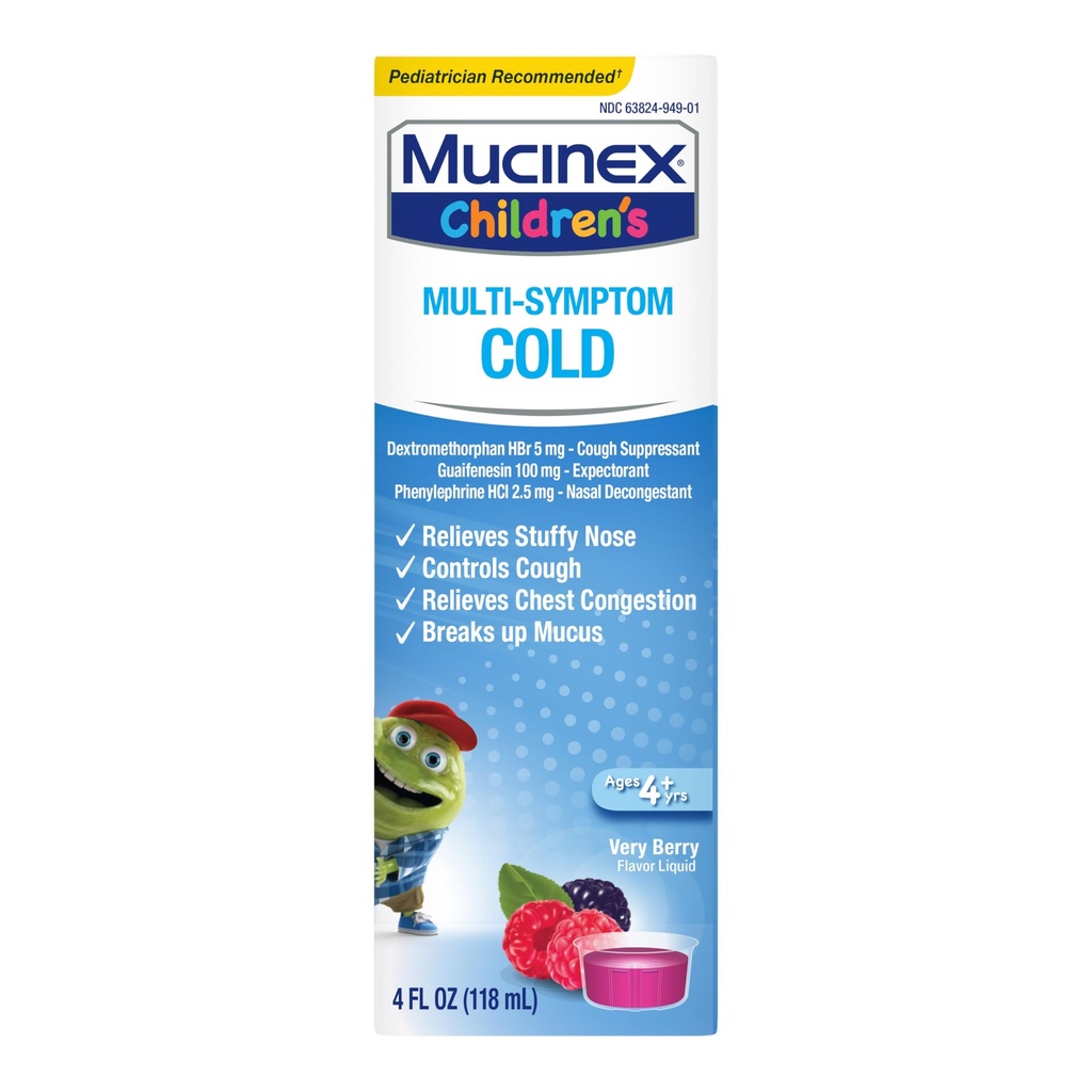 Mucinex Laste Multi-Sümptom Külm Relief Vedelik- Leevendab Stuffy Nina, Rindkere Ummistus, Köha & Limas, Ootaja & Köha Supressant koos Dekstrometorfan, Guaifenesin, Fenüülefriin, 4 oz.