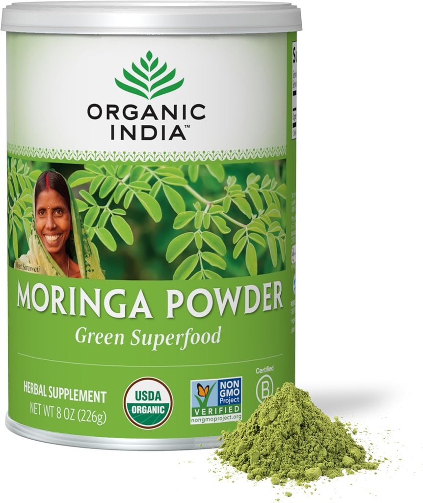 ORGANIC INDIA Moringa Powder - Moringa Oleifera Leaf Taimne lisand, roheline supertoit, toitaine tihedus, puhas taimevalk, A-vitamiin, E, K, raud, kaltsium, kiud, Vegan, USDA sertifitseeritud orgaaniline - 8 oz