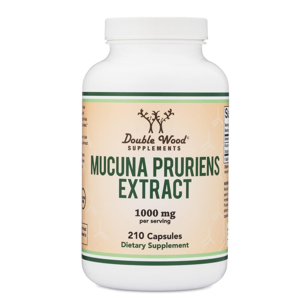 Mucuna Pruriens Extract Kapslid - Dopamiini Boosting Supplement - 210 Count, 1000mg Per Serving, 20% (alates Velvet Bean) (Meeleolu ja motivatsiooni tugi) Kolmas osapool Testitud Double Wood