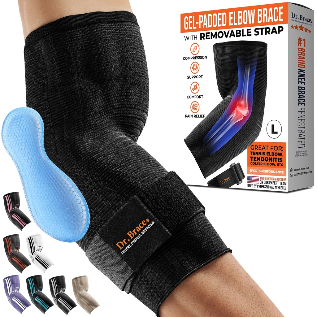 DR. BRACE® Elite küünarnuki trakside tugi, hingeldatav küünarnuki tihendamise varrukas koos geelpadjaga golfimängijatele, tennise küünarnukkidele ja tendoniidi ravile ja valu leevendamisele 2024 (must, suur)