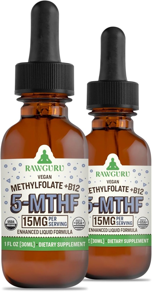 RawGuru L-Methylfolate 15 mg + Vitamiin B12 - Orgaaniline Vegan Methylated B12 koos jälgede mineraalidega - Nanotöötlusega & Enhanced Vequid Formula - 300 Servings Vegan tilgad 30 ml kohta, Pakend 2