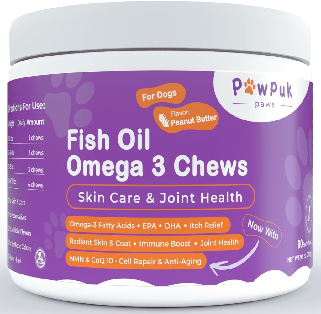 Omega 3 kalaõli närimiskoogid koertele - EPA & DHA naha ja kate tervise Plus üldise tervise, Itch Relief, liigese ja liikuvuse toetus, CoQ10 & NMN - looduslik vananemisvastane toidulisand koertele