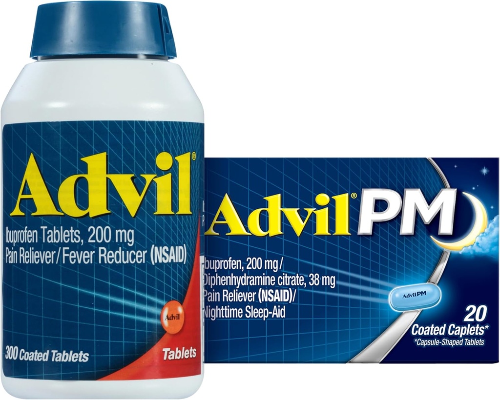 Advil valu leevendaja ja palaviku vähendaja, Ibuprofeen 200mg valu leevendamiseks - 300 krahv, Advil PM valu leevendamine ja öine uneabi, Ibuprofeen valu leevendamiseks ja difenhüdramiintsitraat - 20 krahv