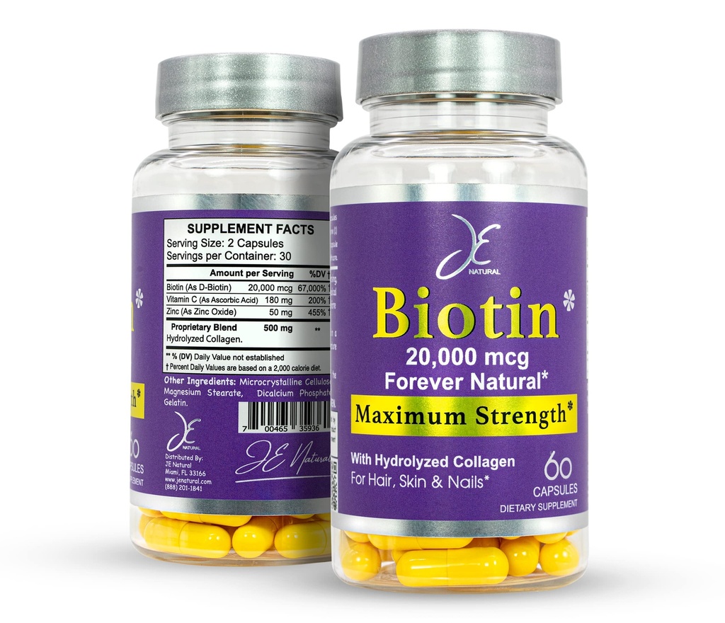 JE Looduslik Biotin juuste nahk ja küüned Vitamiinid, C-vitamiin, biotiin ja kollageen Toidulisandid, mis muudavad juuksed kasvavad kiiremini ja kauem, igas vanuses, 60 kapslit Biotin 20000mcg maksimaalne tugevus.