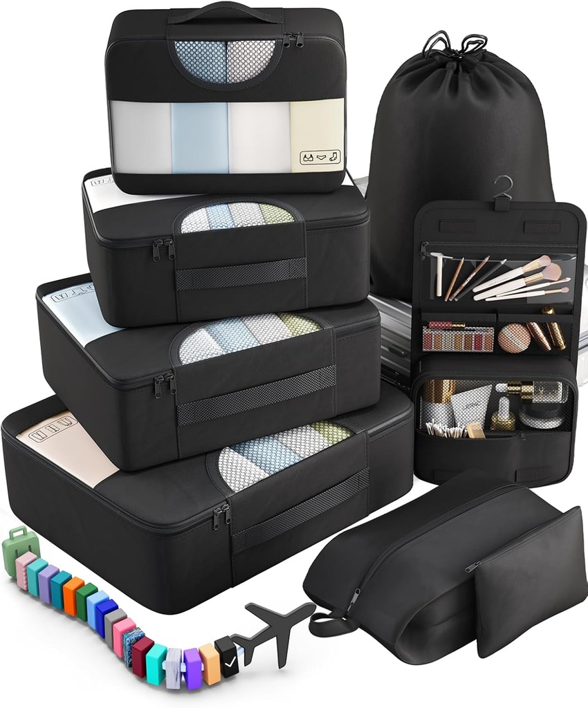 Veken 10 Set/8 Set Packing Cubes for Travel Essentials, Kohvri Korraldaja Kotid 4 Suuruses, Carry-On Pagasi Tarvikud Suure Pesu Ja Tualettkott, Must-Have Lennukile, Road Trip & Camping
