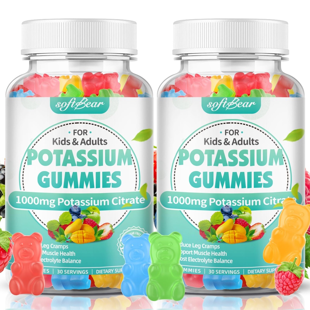 pehmekaru Kaaliumtsitraat Gummies, kõrge potentsi Kaaliumtsitraat 1000mg toetab jalakrambid ja lihased Tervis Kaalium Gummies täiskasvanutele ja lastele Segatud puuviljamaitse 120 Count