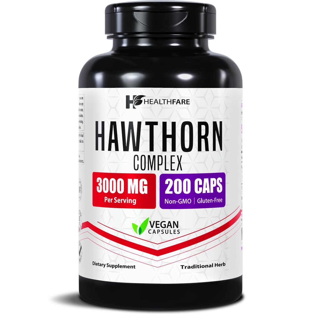 Healthfare Hawthorn Berry Supplement Extract 3000mg | Extra Tugevus Taimne valem | 200 Vegan Kapslid | Toetab südame ja vereringe Tervis | Mitte-GMO, Gluteenivaba | Valmistatud USAs