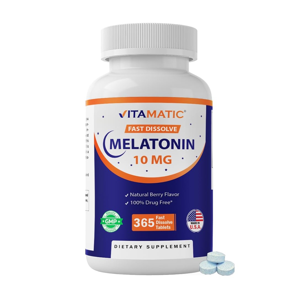 Vitamatic Melatonin 10 mg Fast Dissolve Tabletid – Kiiresti lahustuv unetoetus täiskasvanutele – Taimetoitlane, mitte-GMO ja gluteenivaba – looduslik marjamaitse – 365 tabletti