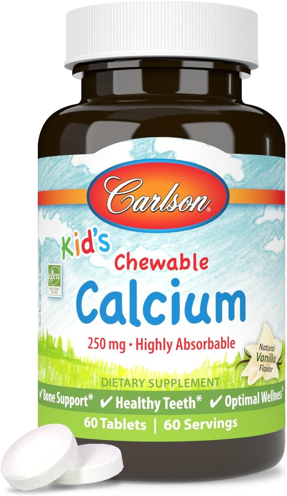 Carlson - lapse närimiskaltsium, 250 mg, väga imenduv, luu ja hammaste tugi, optimaalne tervis, looduslik vanilje maitse, 60 tabletti