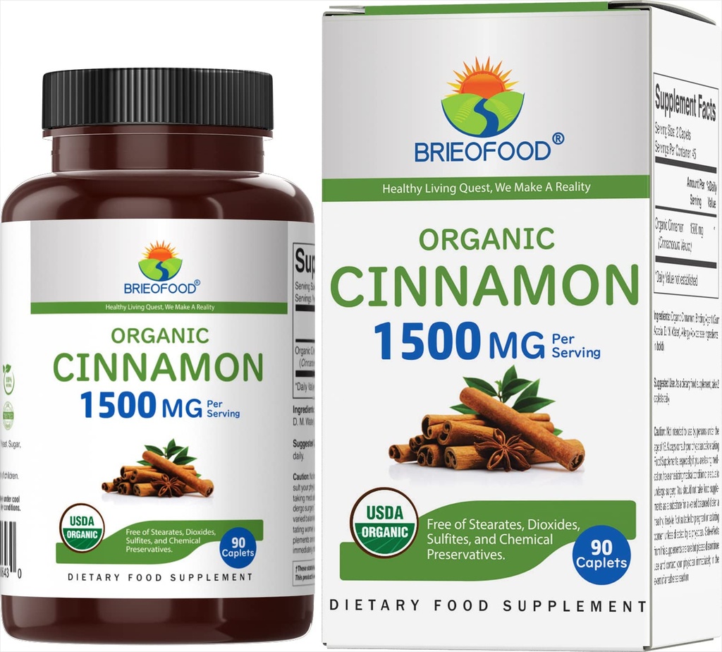 Brieofood Organic Cinnamon 1500mg, 45 Servings, Taimetoitlane, Gluteenivaba, 90 Taimetoitlane tablett