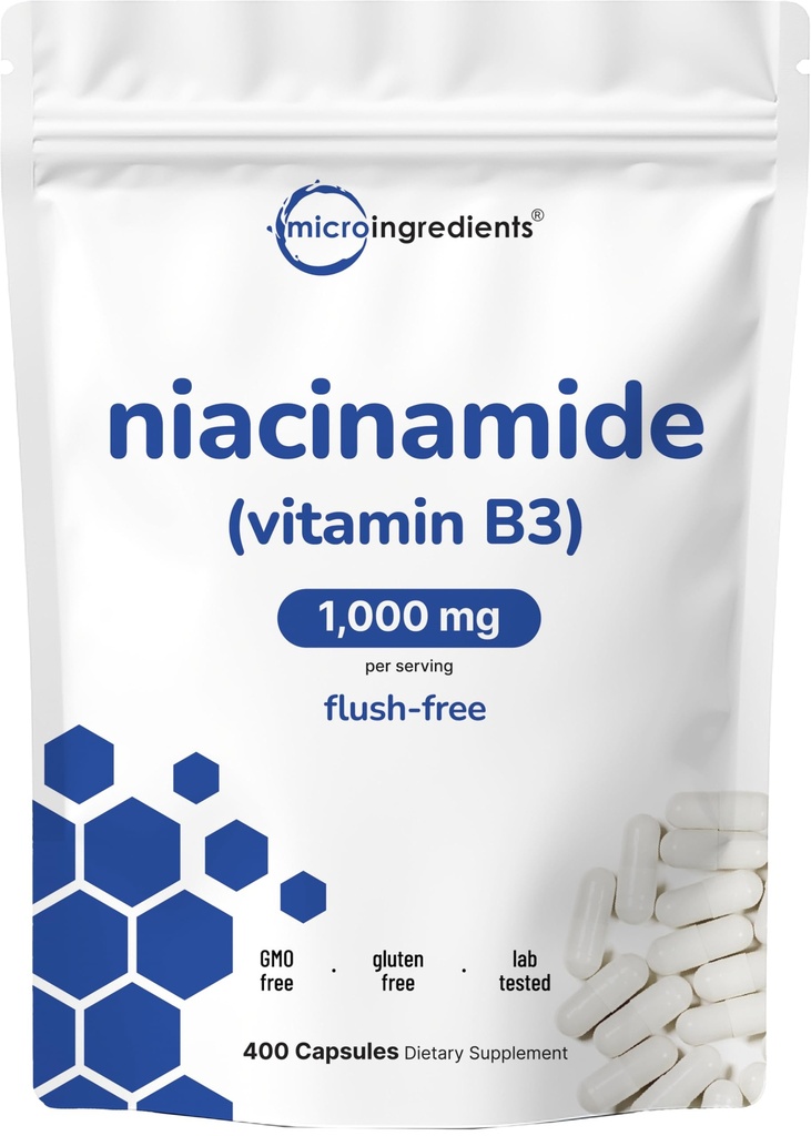 Vitamiin B3 Niatsiinamiid 500 mg kapsli kohta , 400 kapslit | 1000 mg Maksavaba niatsiin serveerimise kohta | Nahahooldus Tervis ja energia toetus | Mitte-GMO, Gluteenivaba