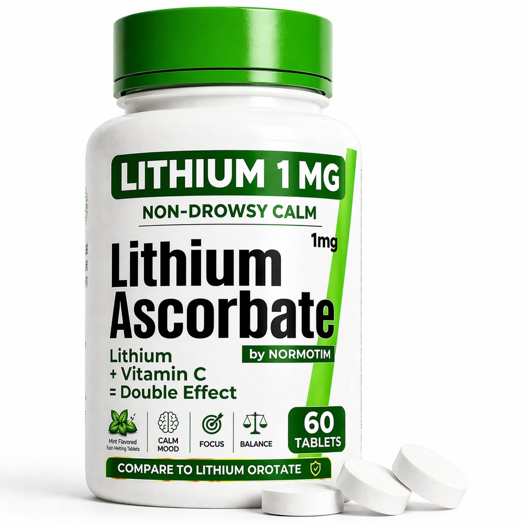Liitiumaskorbaat 1mg – ohutu alternatiiv liitiumorotaadile – mikrodoosi liitiumlisand meeleolu, fookuse ja rahu jaoks – C-vitamiini tugi – 60 tabletti – valmistatud USAs
