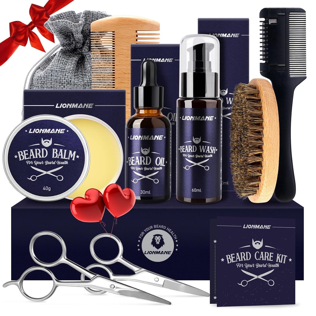 Lionmane Beard Care jõulukinkide komplekt meestele, Beard Mustache Grooming Kit-Beard Balm, Beard Wash, Beard Oil, Brush, Käärid, Sünnipäeva aastapäeva tänukingid abikaasale / poiss / isa / tema