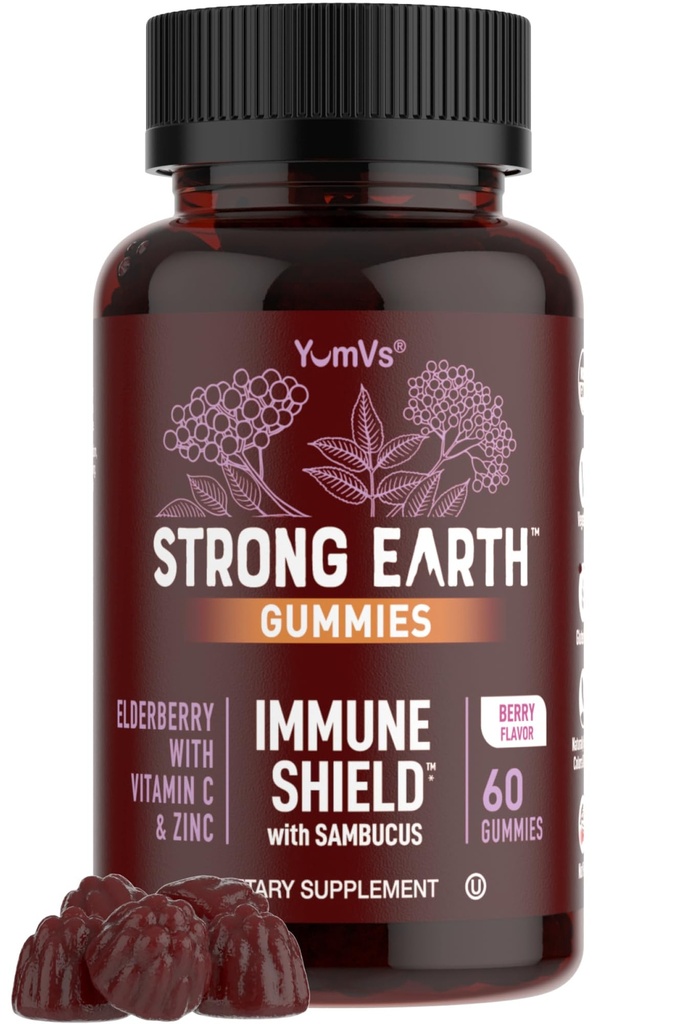 Tugev maa Elderberry Gummies - Sambucus Elderberry Immune Support koos C-vitamiini ja tsink - Black Elderberry Gummies, Berry Flavor, Non-GMO, Gluteenivaba, Kosher - 60 Count