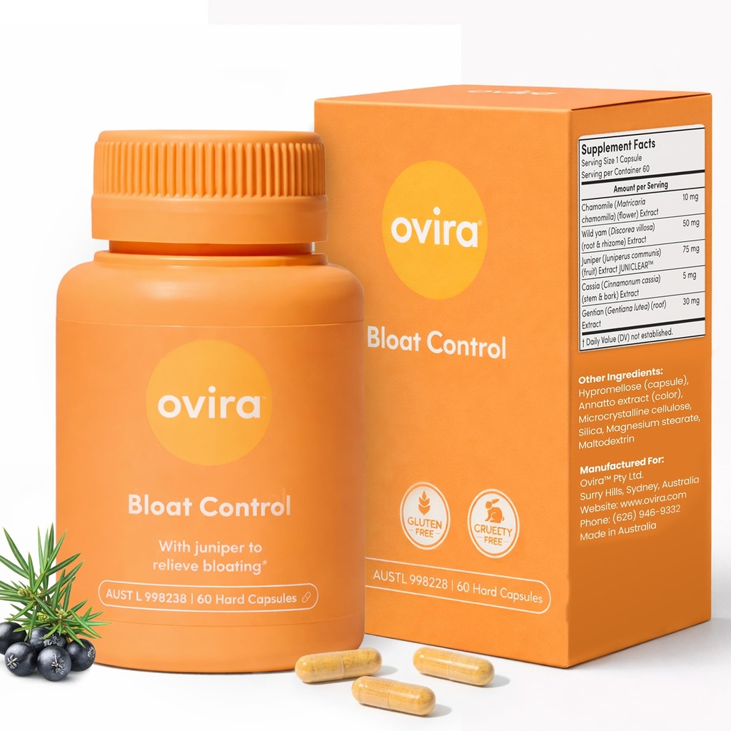 Ovira Bloat Control Supplement koos JUNICLEAR - 60 kapslit gaasi ja Bloating Relief | Tõhus Debloating naistele ja meestele | Aitab vee säilitamise ja soodustab seedetrakti tervist - Pakend 1