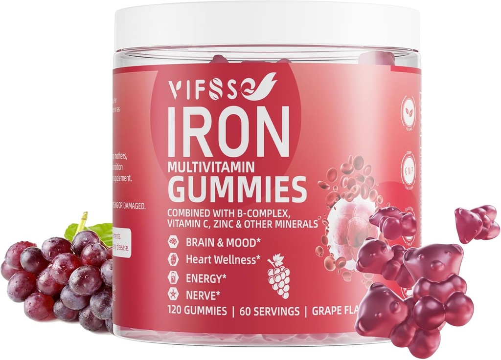 Raudkummid Suhkur tasuta, 120 Gummies Raualisand naistele Multivitamiinid Raud, Vitamiinid Ja Tsink Naistele, Meestele Ja Lastele - Viinamarjamaitse, Veganilisand, Folaat Energia - Ei Pärast Maitset