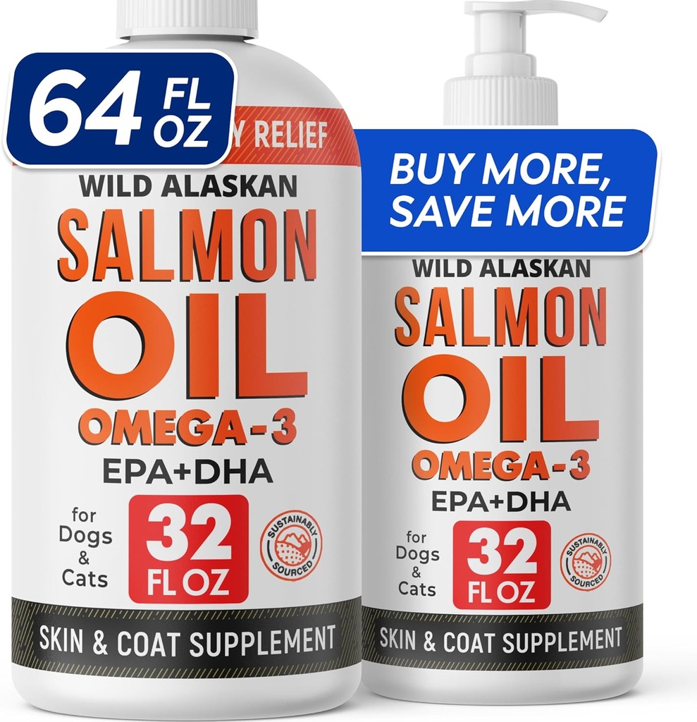 StrellaLab 64 OZ lõheõli koertele - Omega 3 koertele ja kassidele, Itch & Allergy Relief, Wild Alaska Lõheõli Koerad Nahk ja kate, Koera kalaõli Vedelik, Shedding Supplement EPA & DHA Rasvhapped - 2Packs