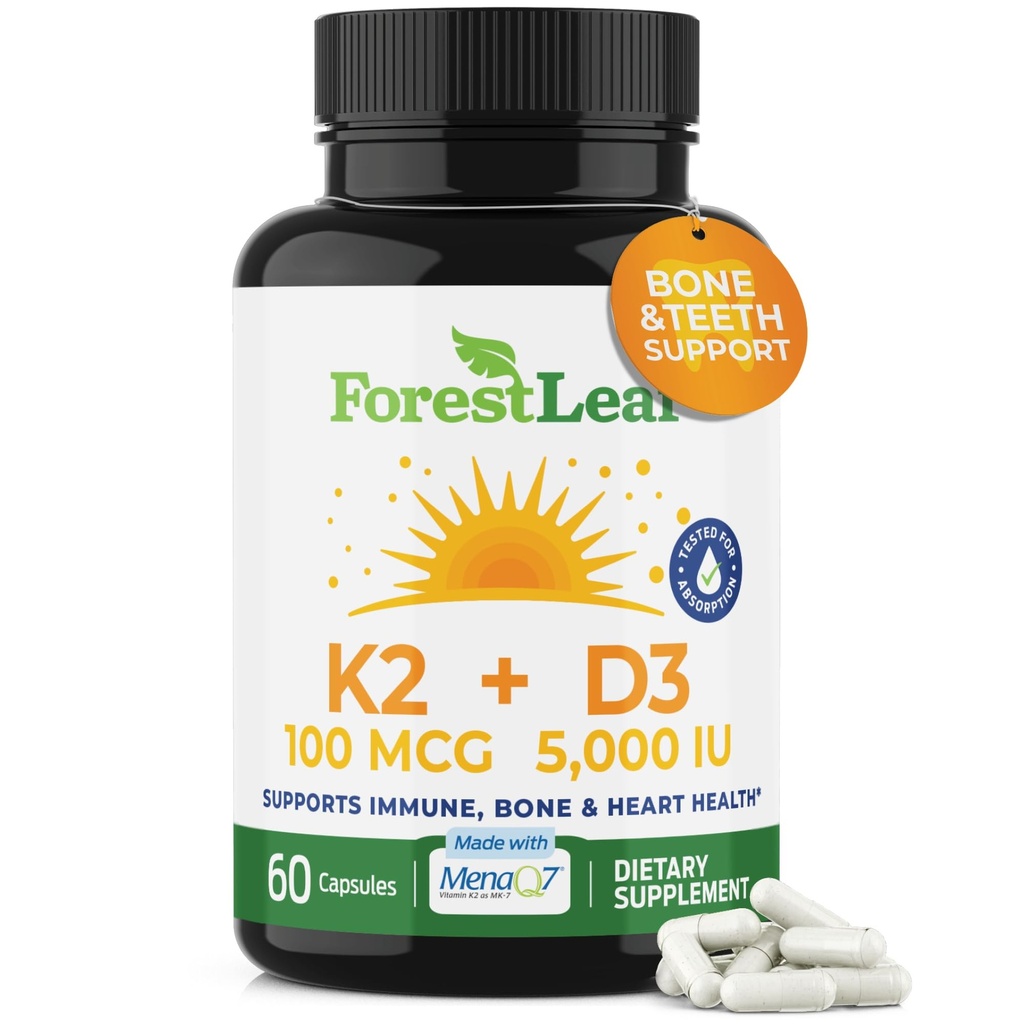 ForestLeaf Vitamiin D3 + K2 (MK7) täiendus - MenaQ7 - Kaltsium ja vitamiin D3 5000 RÜ Max Imendumine - Hammaste ja luude tugevus, südame tervis, immuunsüsteemi tugi - 60 Veggie kapslit