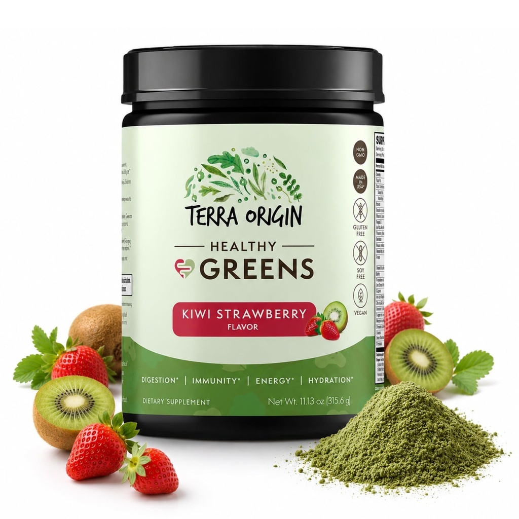 TERRA ORIGIN Tervislikud rohelised Powder Blend | Superfoods, probiootikumid, ensüümid, Spirulina | Immuunsüsteemi ja seedetrakti tervise toetamiseks | Energia ja heaolu suurendamine | 30 Servings (Kiwi Maasikas)