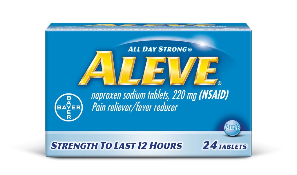 Aleve tabletid Naproxennaatriumiga, 220 mg (NSAID) Valu leevendaja / palaviku vähendaja, 24 loend, sinine
