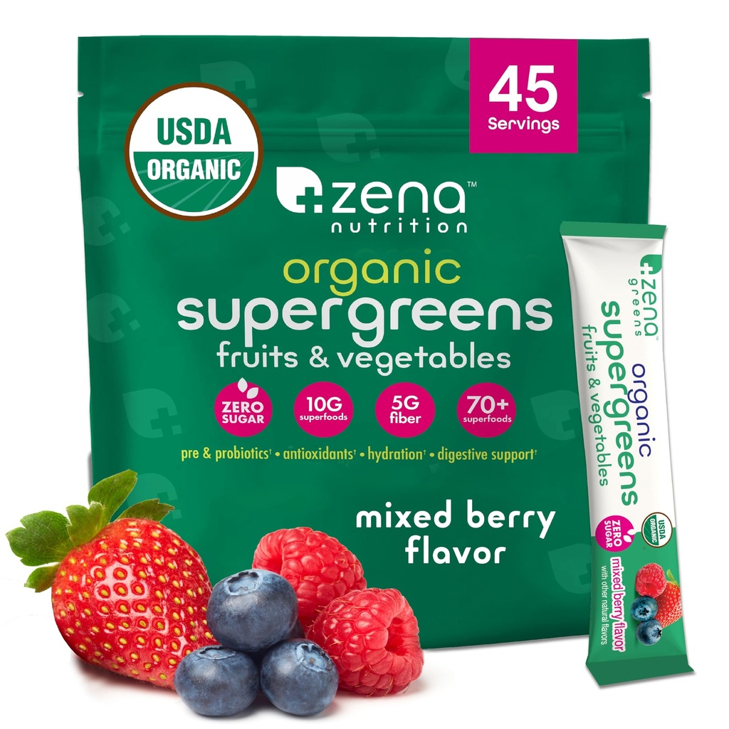 Zena Nutrition Organic Super Greens Pulber, 70+ Superfoods, 0 Suhkur, 5G Fiber, Spirulina, Chlorella, Antioksüdandid, Prebiootikumid/Probiootikumid, Seedeensüümid, Segatud Berry, 45 Joogi Sega Pakendid