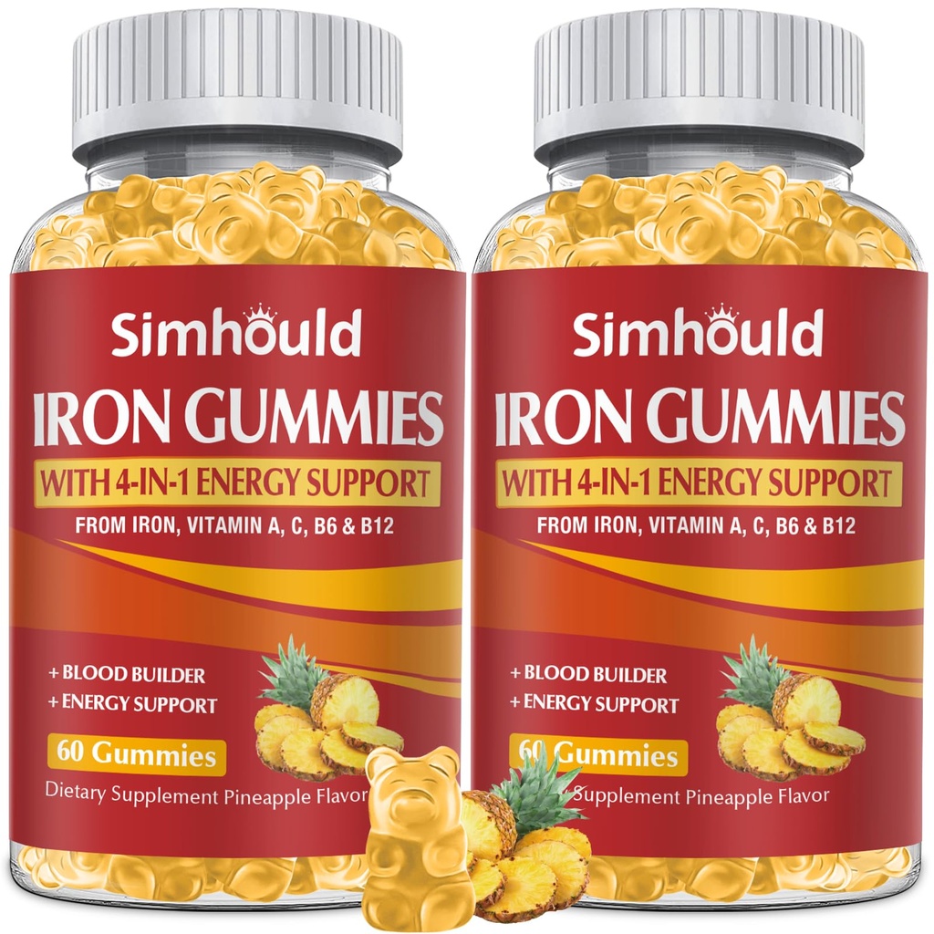 2 Pack Vegan 80MG Raualisandi Gummies naistele ja meestele - Vitamiin A, C, B täiskasvanutele ja lastele - Vere ja ehitaja & energia toetus rauapuudusele, aneemia, 120 loeb ananassimaitselised kummikud